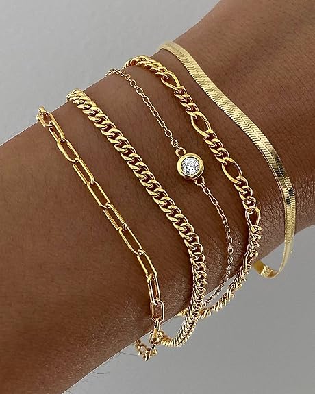 5-Piece Gold Bracelets Set-Figaro, Cuban Link, Herringbone, Paperclip, and Cubic Zirconia Bracelets image